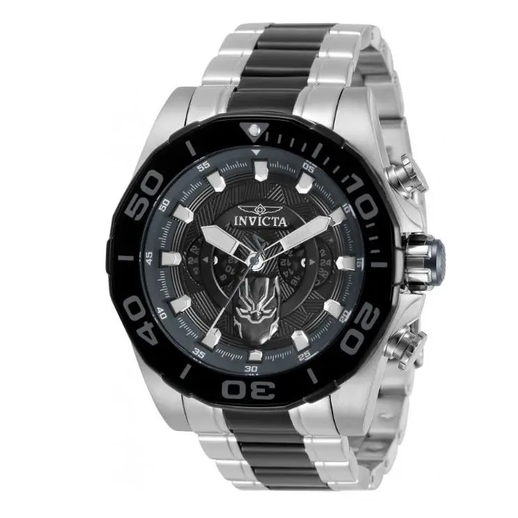 Invicta Marvel Black Panther Men`s 48mm Limited Edition Dual Time Watch 33392 - Dial: Black, Gray, White, Band: Black, Silver, Bezel: Black, Gray