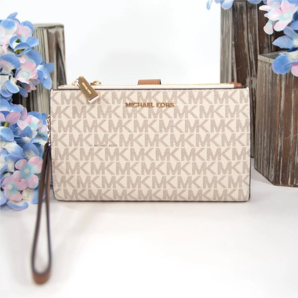 Michael Kors Vanilla Monogram Logo Adele Double Zip Phone Wristlet