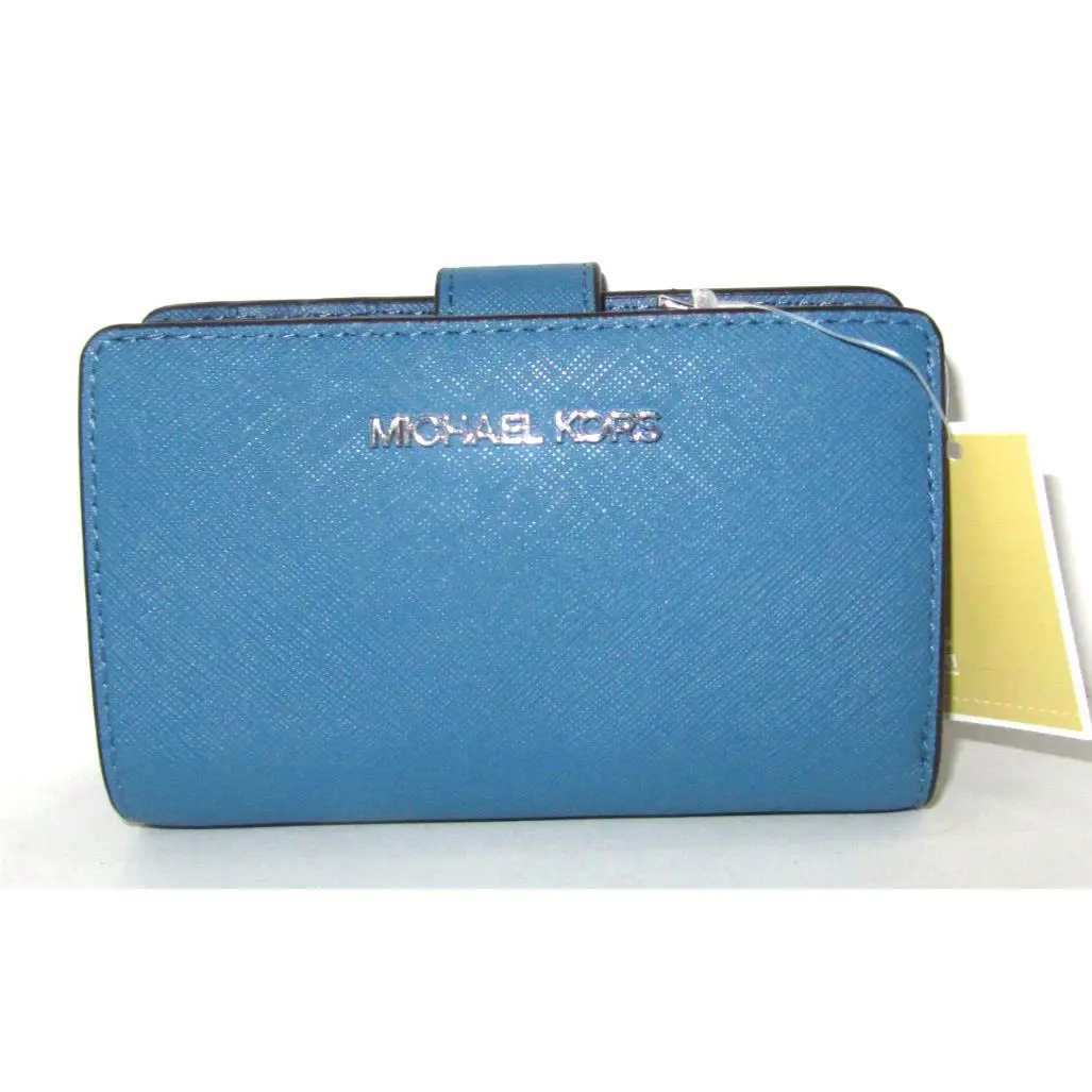 Michael Kors Jet Set Travel Med Leather Bifold Zip Coin Wallet Cornflower Blue