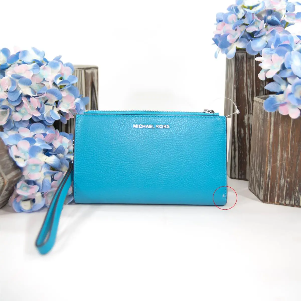 Michael Kors Santorini Blue Leather Adele Double Zip Phone Wristlet Defect