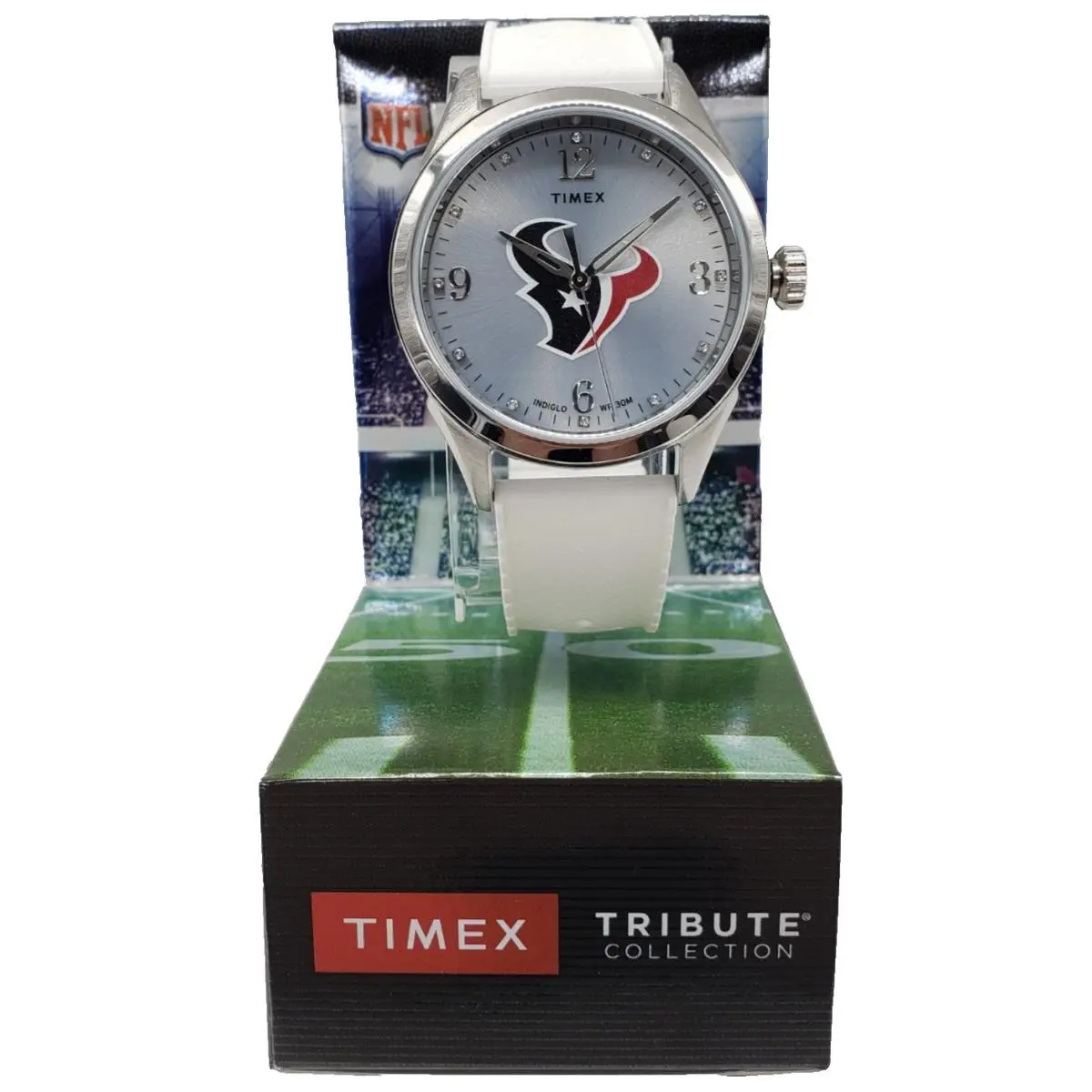 Timex Recruit Huston Texans Nfl 40mm Rubber Strap Unisex Watch Twzftxnwb - Dial: Blue, Silver, Band: White, Bezel: Silver
