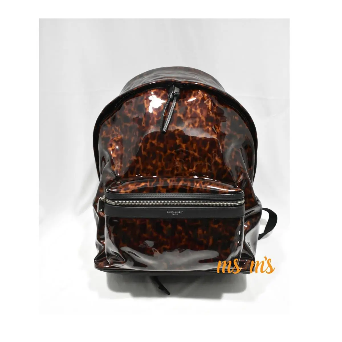 Saint Laurent Ysl City Brown Black Tortoiseshell Patent Leather Backpack