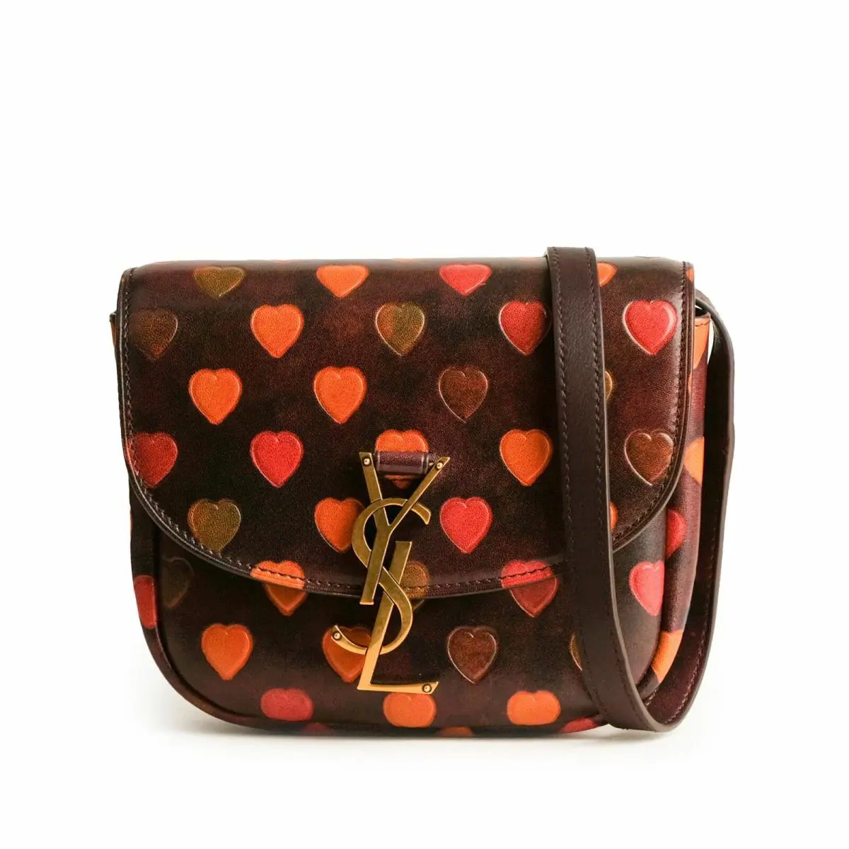 Yves Saint Laurent Kaia Small Heart Embossed Brown Leather Shoulder Bag