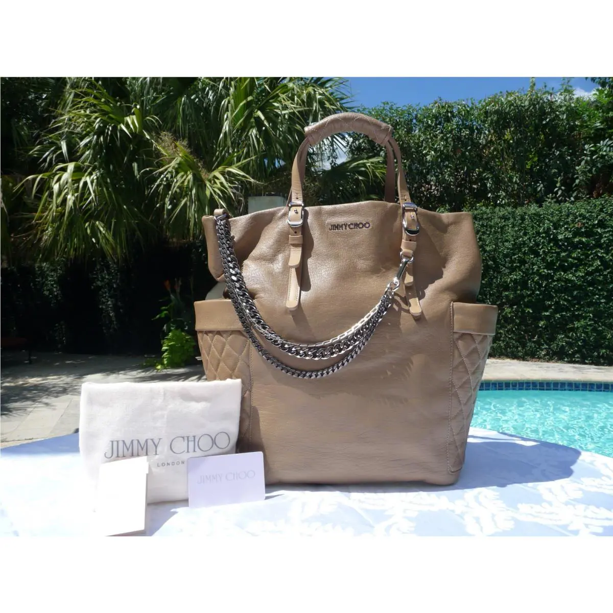 Jimmy Choo Blare Biker Leather Pocket Tote- Buff Tan Beige -$1895