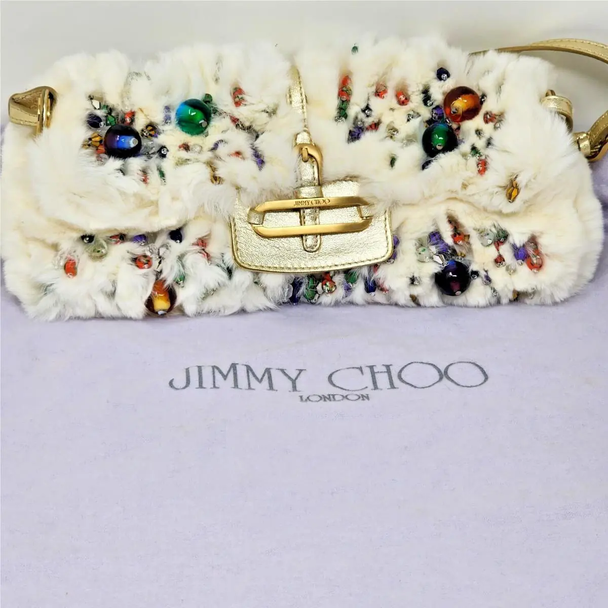 Jimmy Choo Vintage Rabbit Fur Leather Multicolor Beaded