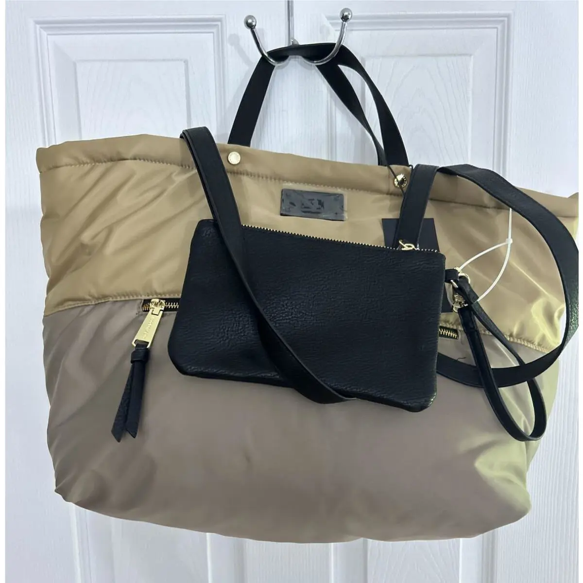 Steve Madden Khaki Oversized Nylon Tote W/ Wristlet Weekender 2 Pcs
