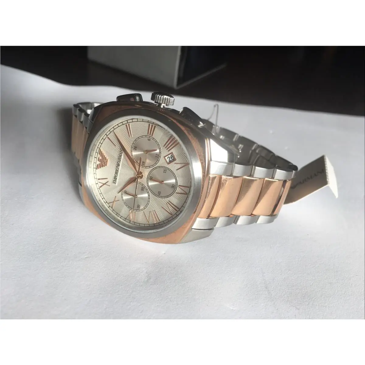 Emporio Armani Men Watch Dress Silver Rose Gold Chronograph