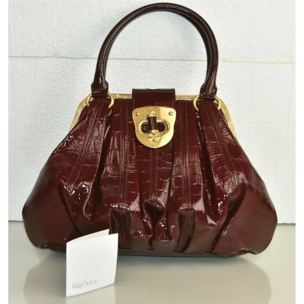 Alexander Mcqueen Burgundy Wine Patent Leather Handbag Frame Bag Gold