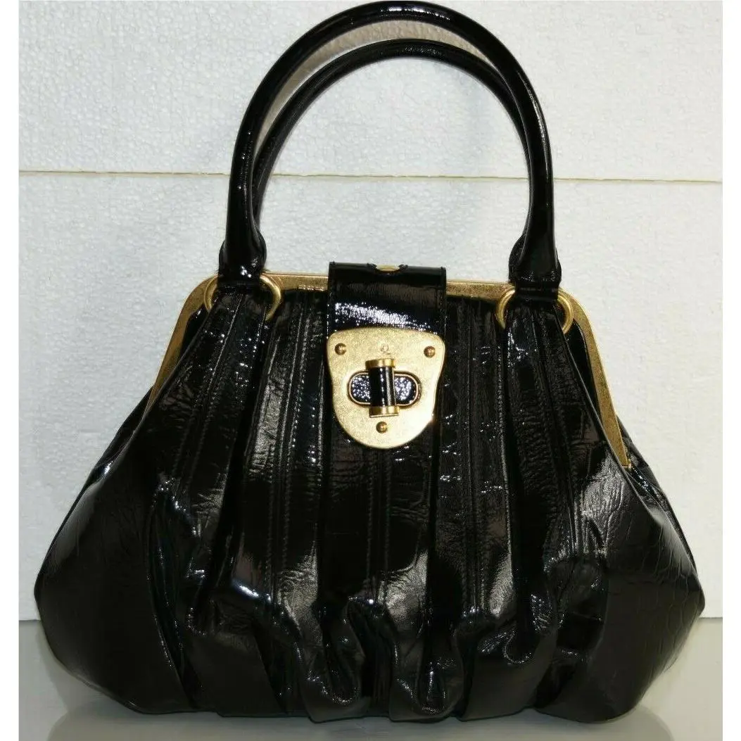 Alexander Mcqueen Black Patent Leather Handbag Frame Bag Gold Rare