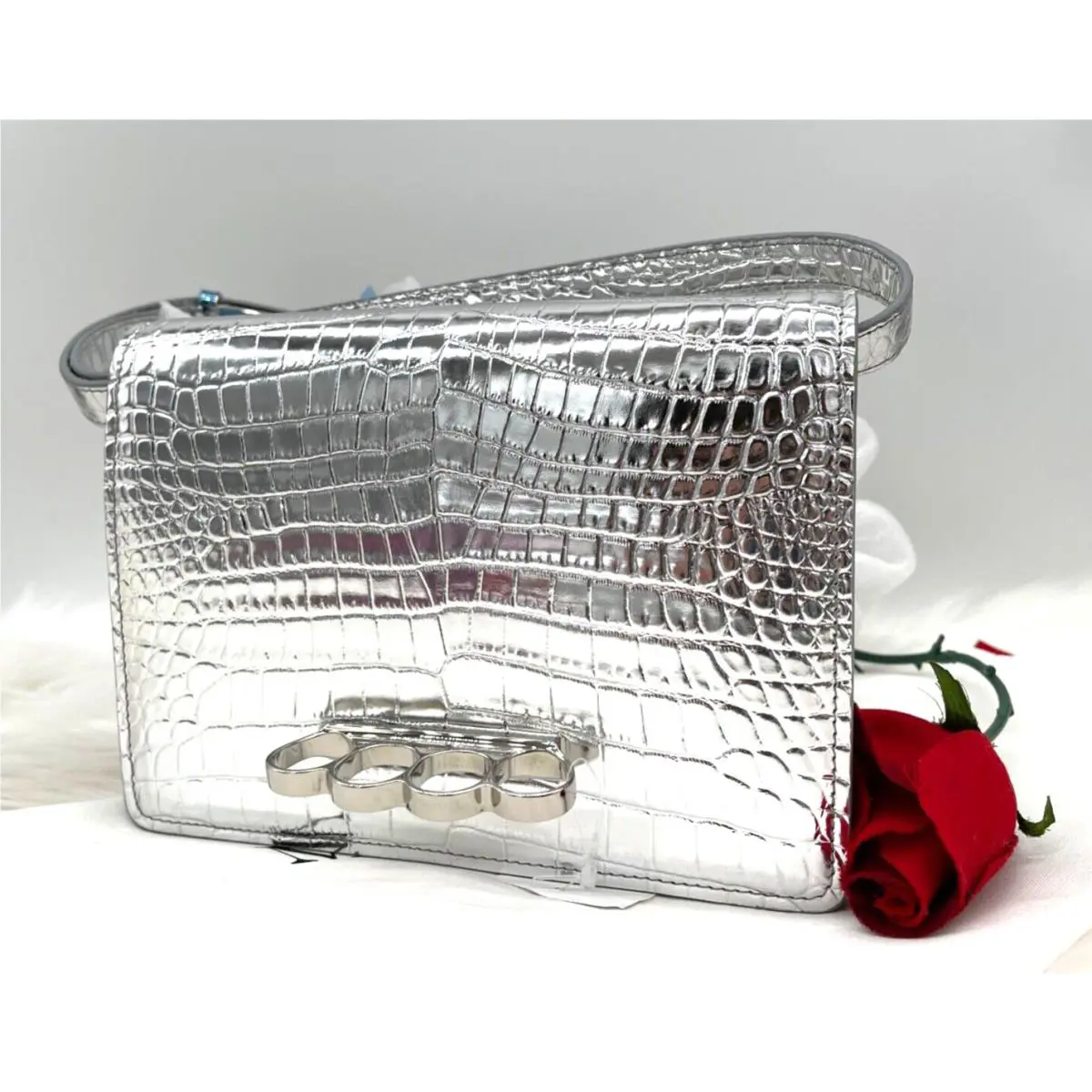 Alexander Mcqueen Croc Embossed The Four Ring Shoulder Bag-silver