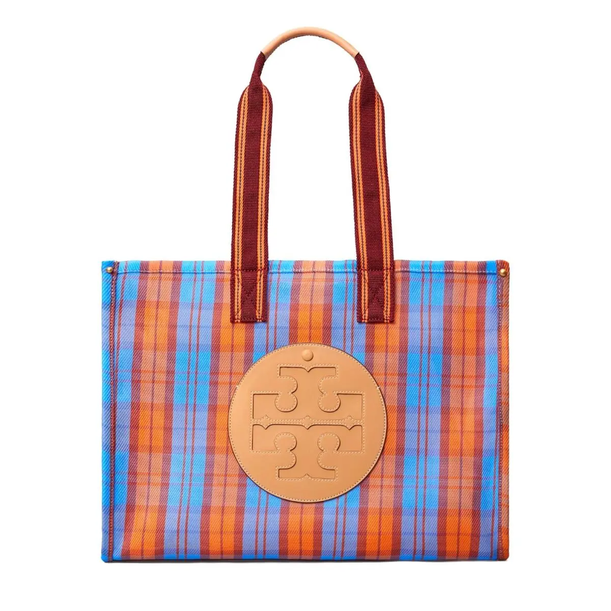 Women`s Ella Extra Large Mesh Market Tote Bag 82706 Blue, Orange Mercado Plaid by Tory Burch