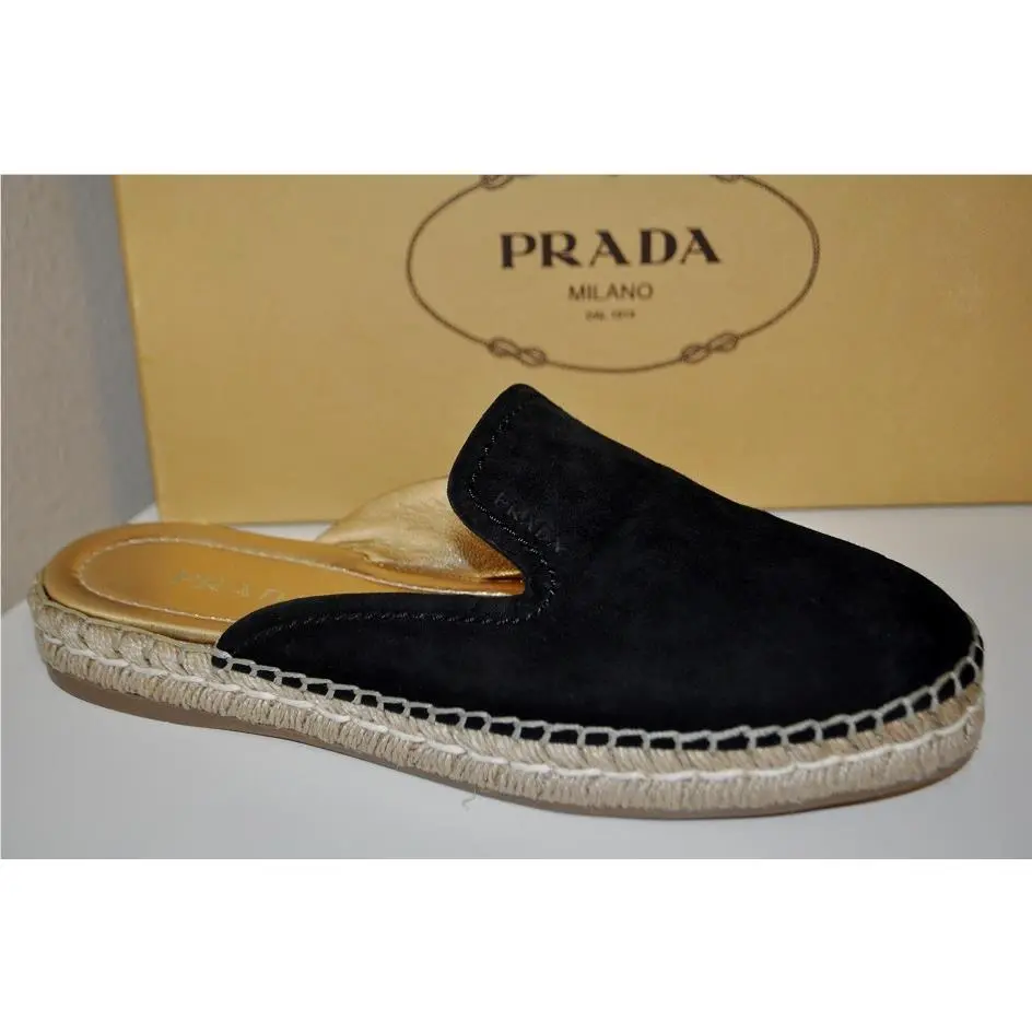 Prada Espadrille Loafer Mule Slide Flat Shoe Black Suede Eur 39