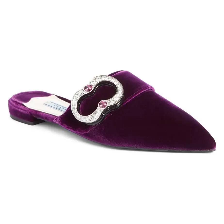 Prada Crystal Brooch Mule Flat Shoe Pointy Toe Purple Velvet 38.5 Eur