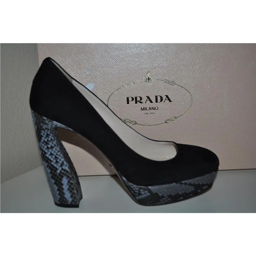 Prada Camoscio Black Suede Python Platform Pump Shoe 40 / 9.5 US