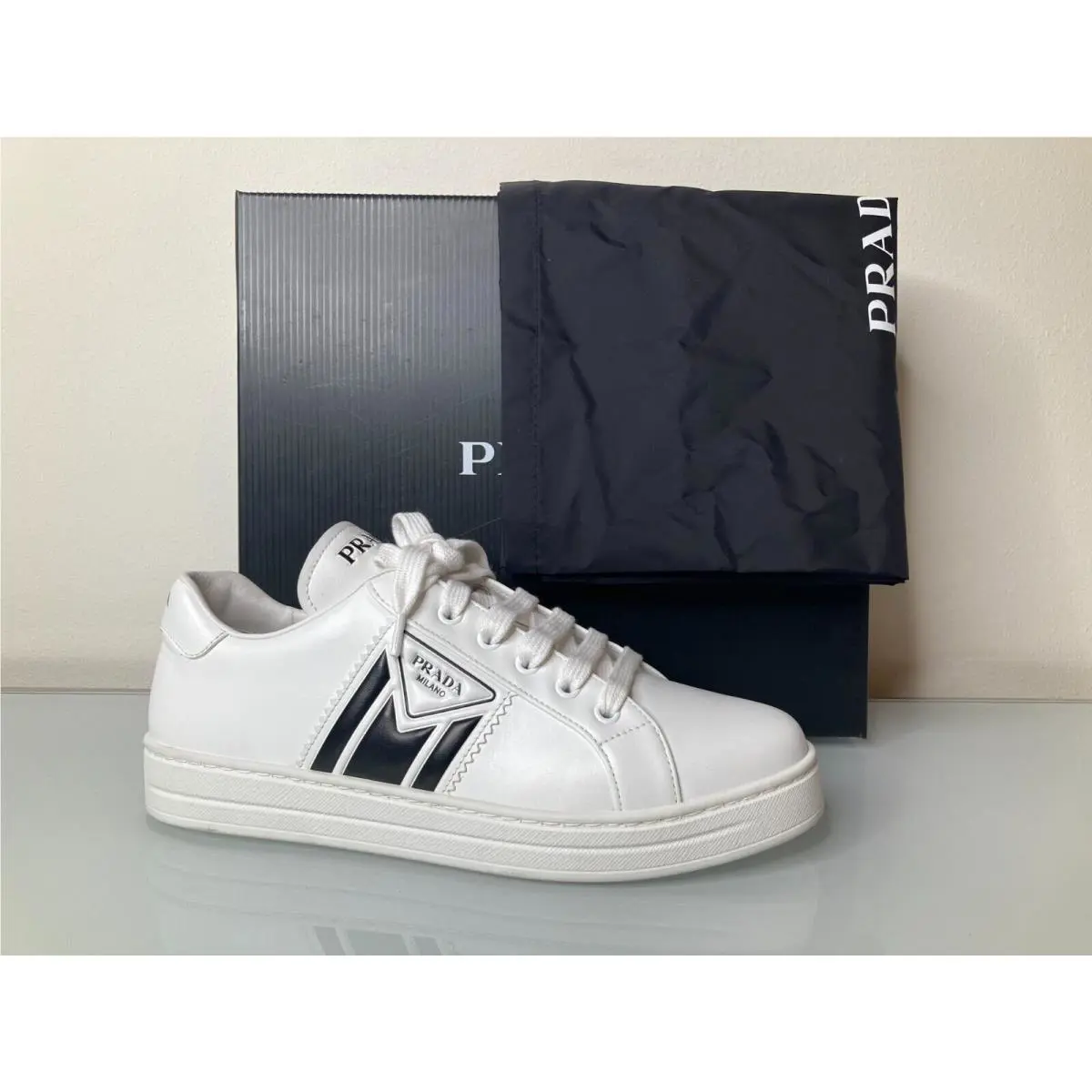 Prada White Leather Black Embossed Logo Sneakers Eur 39.5 US 9.5