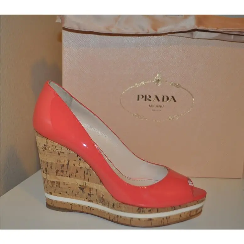 Prada Pink Orange Patent Peep Toe Espadrille Cork Wedge Pump Shoe 38.5