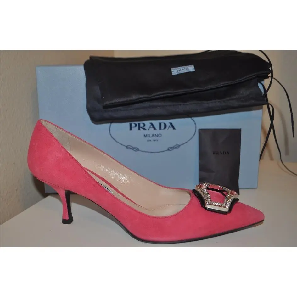 Prada Crystal Brooch Pointy Toe Pump 65 Heel Shoe Pink Suede 37.5 - 7
