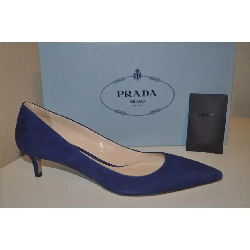 Prada Pointy Toe 45mm Kitten Low Heel Shoe Suede Leather Navy Blue 37 - 6.5