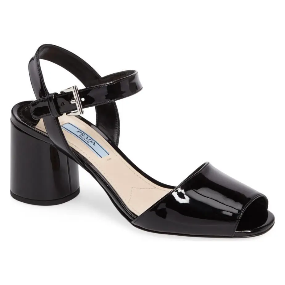 Prada Round Heel Ankle Strap Slingback Sandal Shoe 36 - 5.5 Black Patent