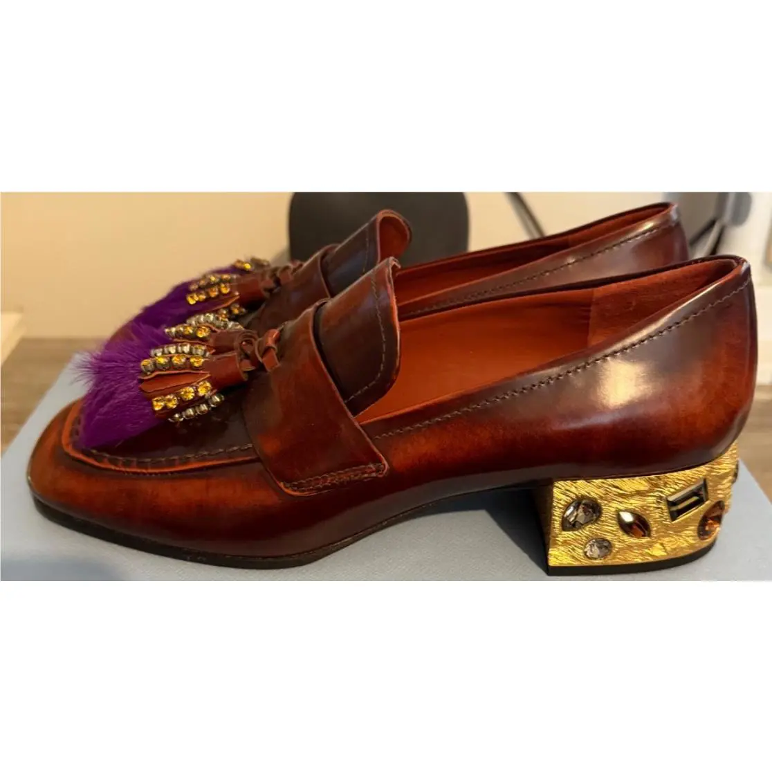 Prada Women`s Studded Tassel Heal Loafers Leather Rust Size 38 Eur / 8 US