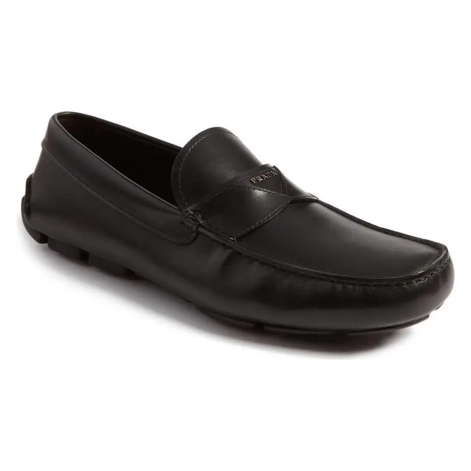 Prada Logo Slip on Black Leather Driving Loafer Men Dress Shoe 7 - 8 US