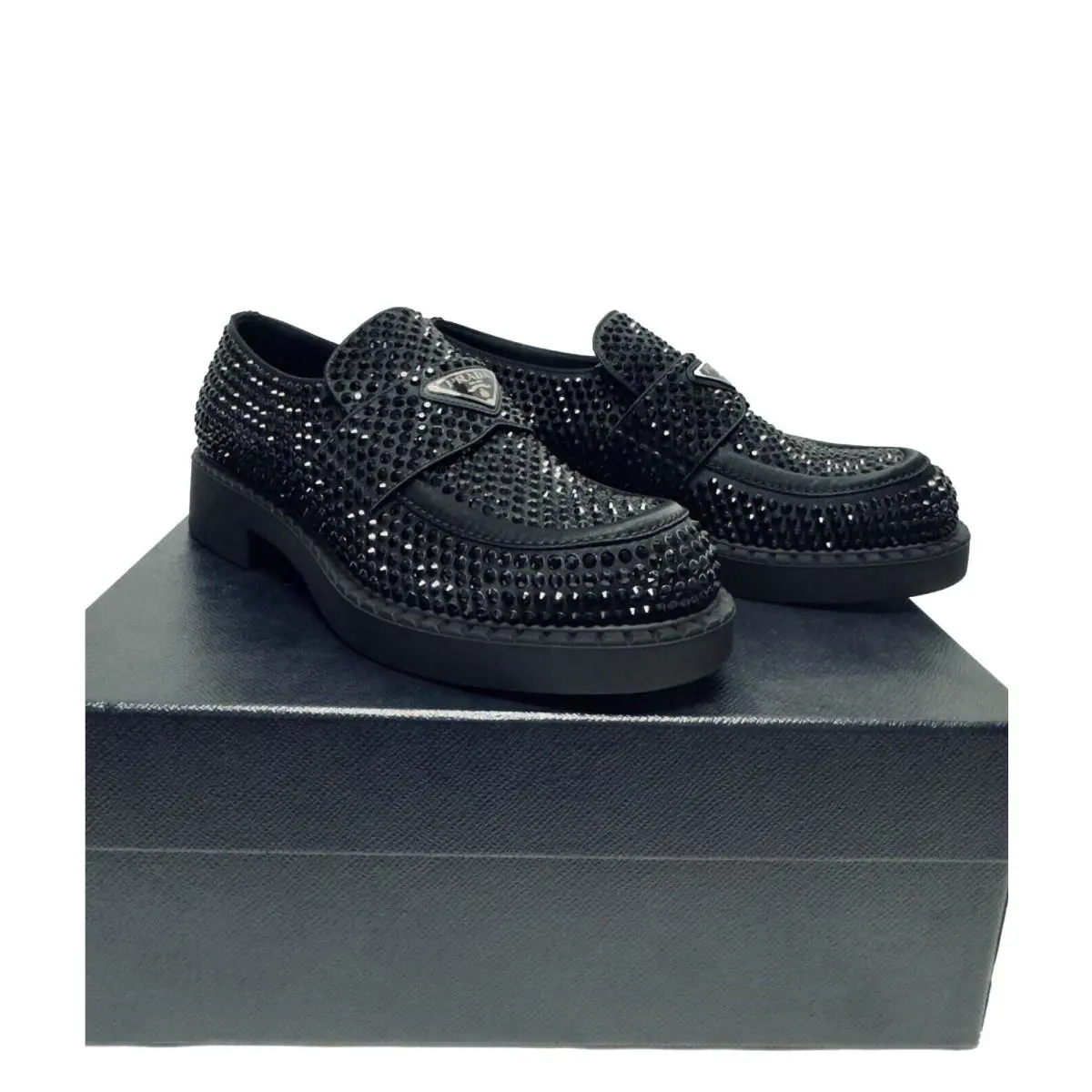 Prada Black Studded Crystal Satin 35mm Calzature Loafer Size 6 7US Triangle Logo