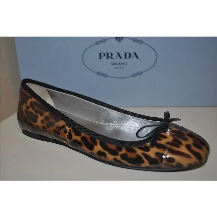 Prada Leopard Print Patent Logo Bow Cap-toe Ballet Flat Shoe Eur 35.5