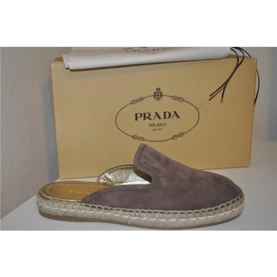 Prada Espadrille Loafer Mule Slide Flat Shoe Brown Suede Eur 37.5