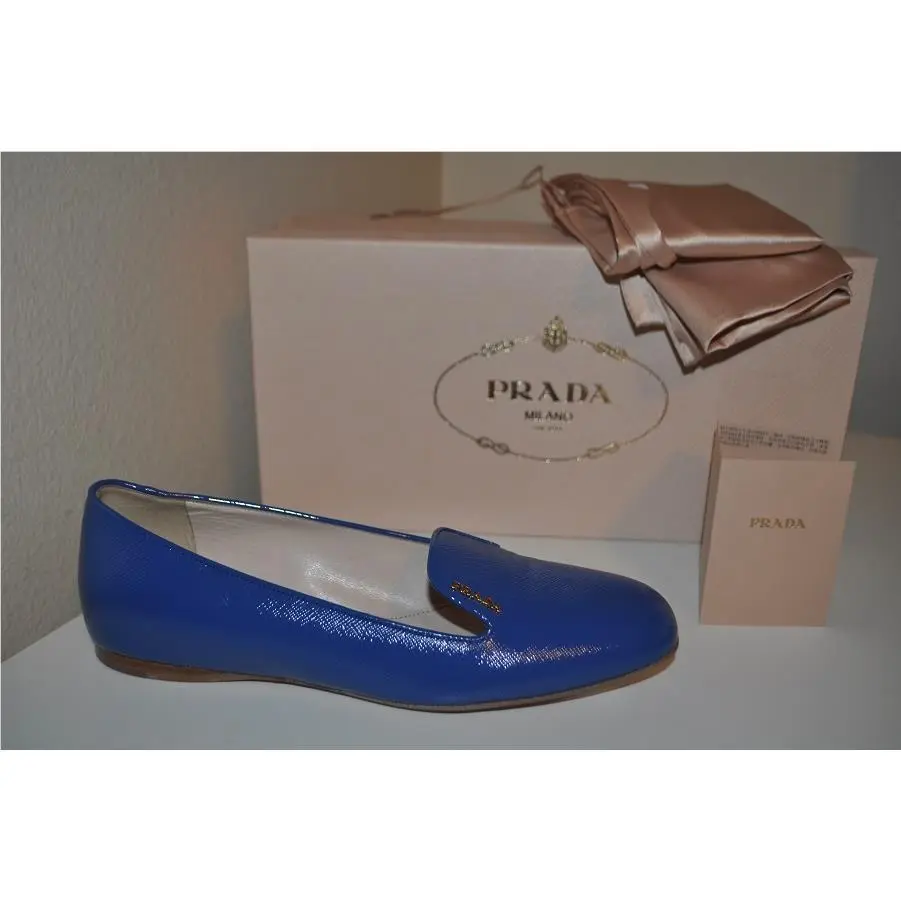 Prada Patent Leather Logo Smoking Slipper Flat Shoe Blue Eur 36