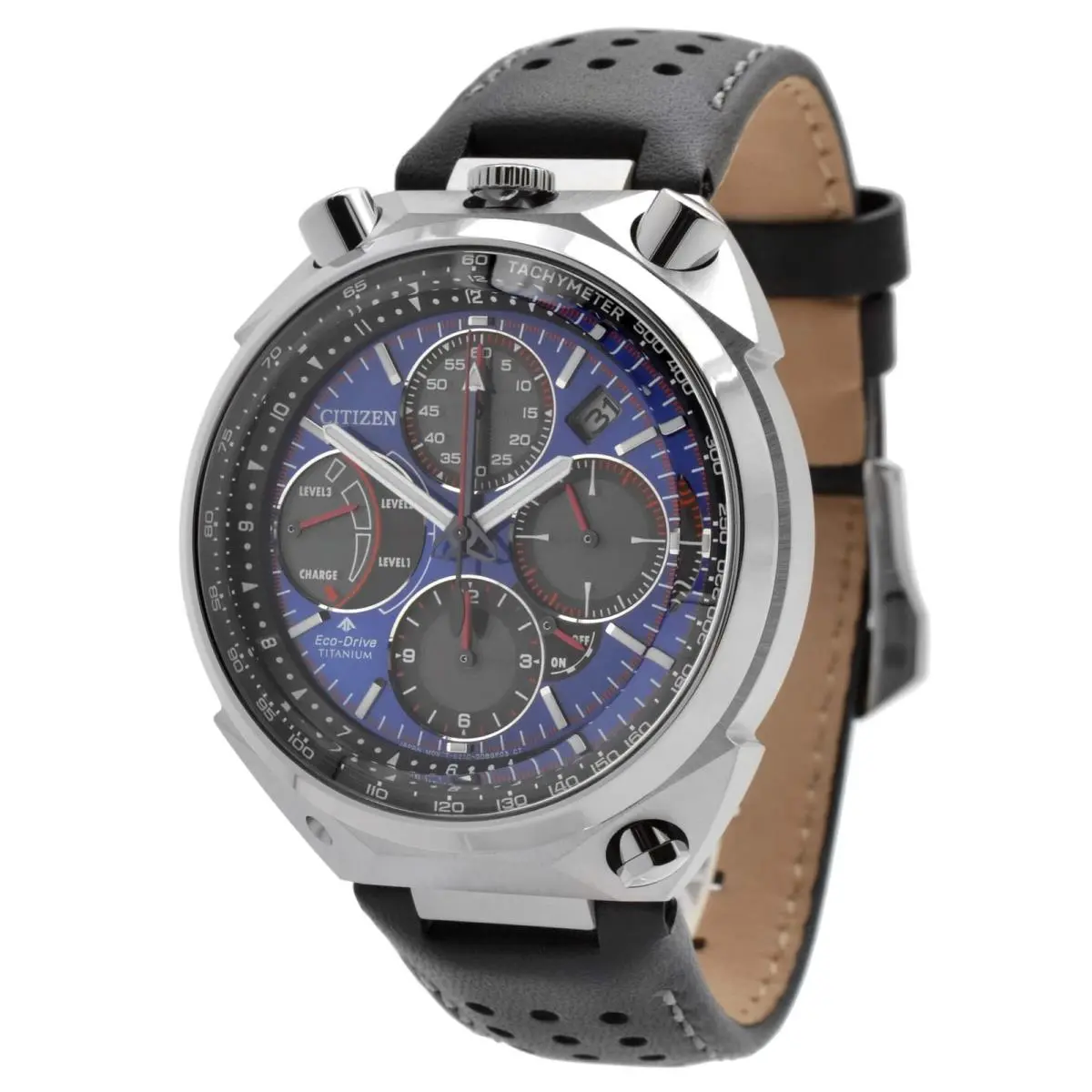 Citizen Men`s Watch Promaster Tsuno Racer Chrono Black Leather Strap AV0088-01L - Dial: Blue, Band: Black