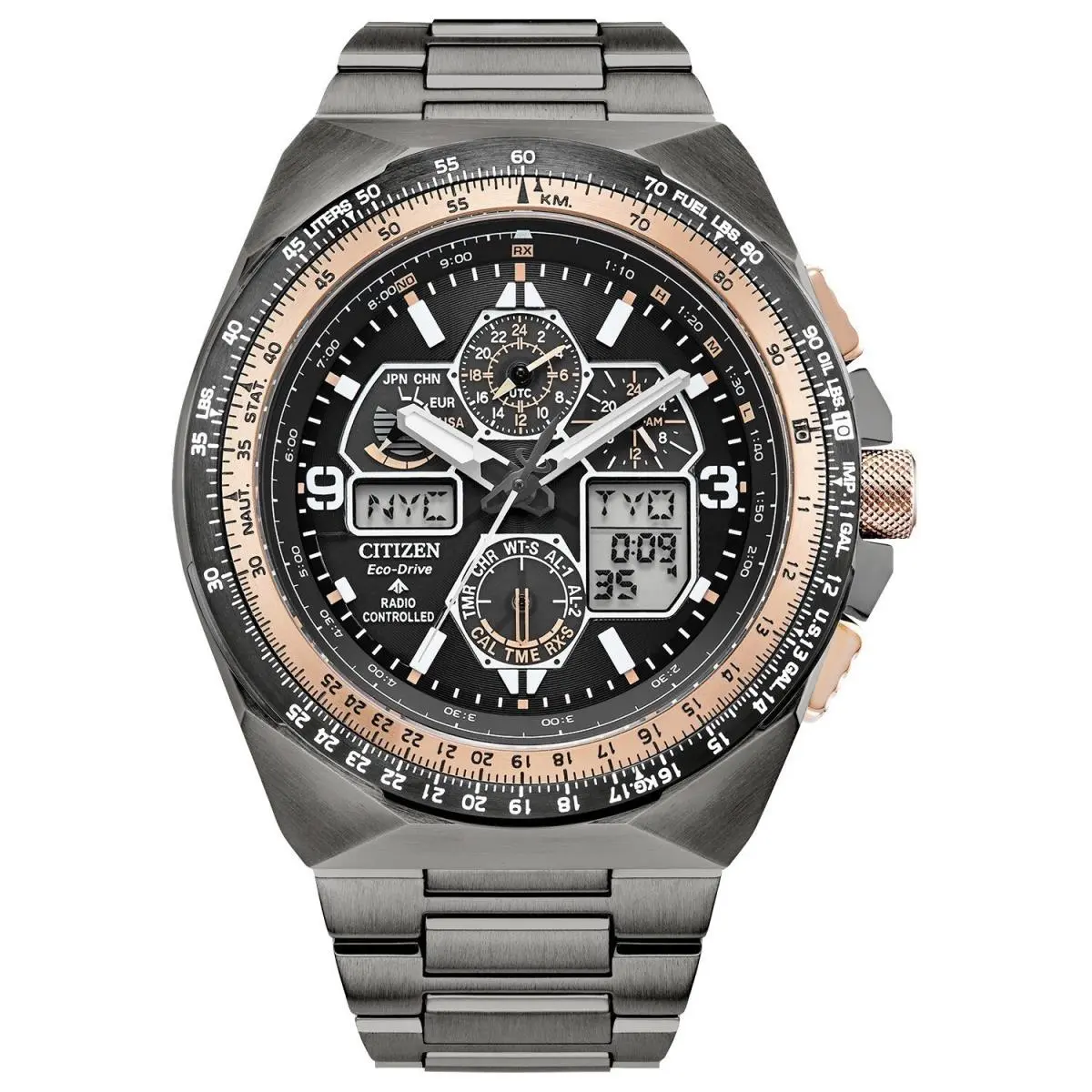 Citizen Men`s Air Perpetual Calendar Eco-drive Gray Watch 56 MM JY8146-54E - Dial: Black, Band: Gray, Bezel: Rose Gold, Gray