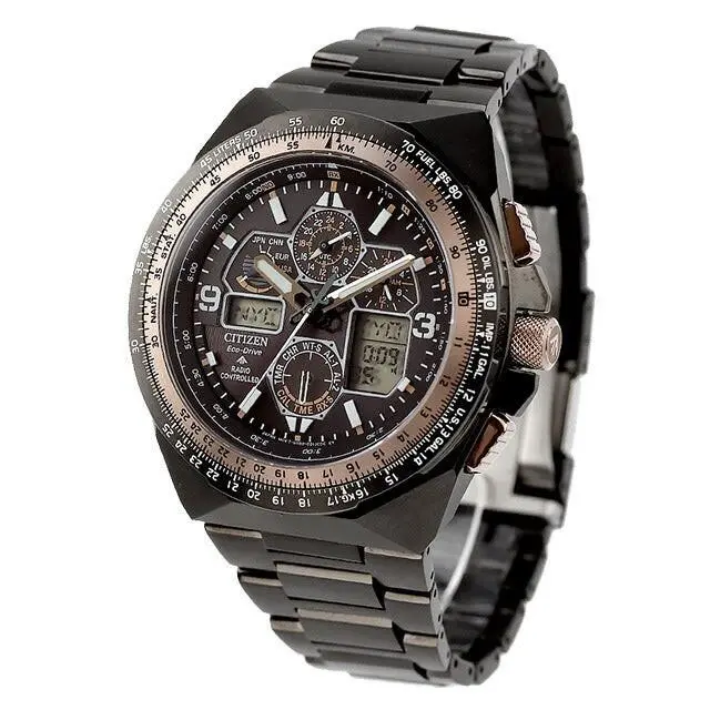 Citizen Promaster Skyhawk Black Dial Sapphire World Time Watch JY8146-54E - Dial: Black, Band: Gray, Bezel: Pink