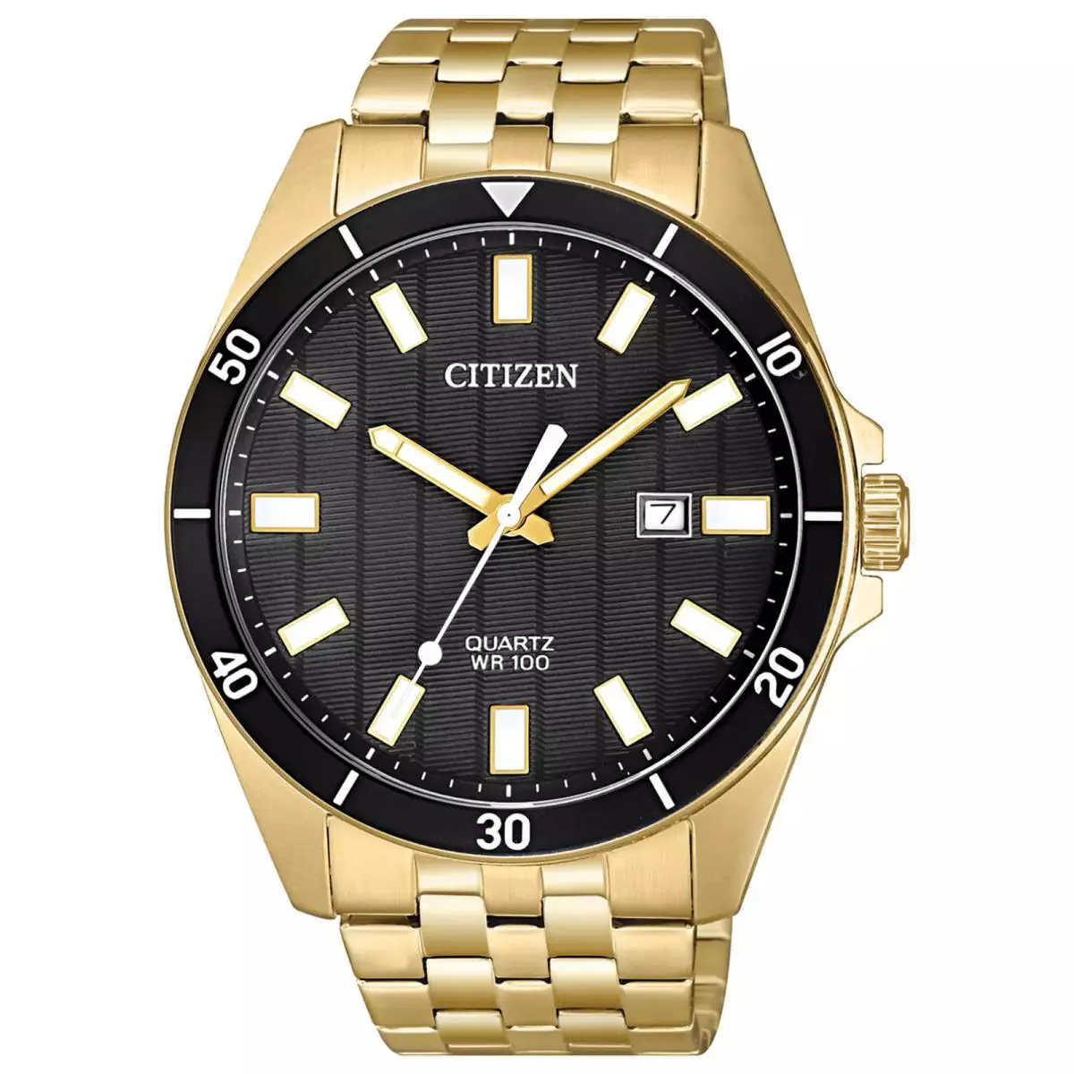 Citizen Mens Quartz Gold Tone Stainless Steel Black Dial Date Watch BI5052-59E