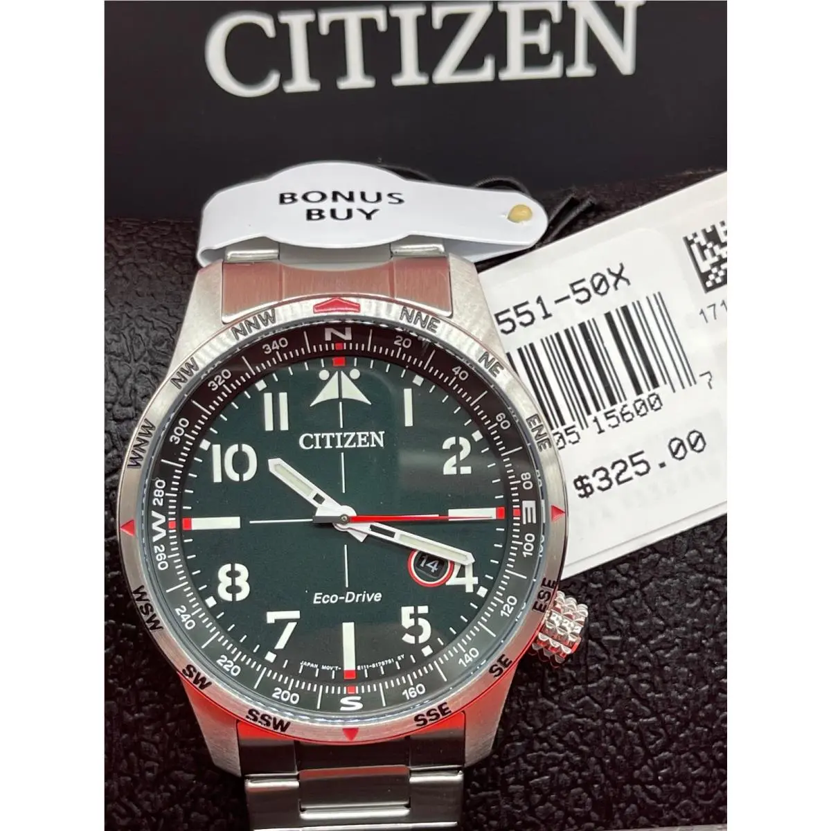 Citizen Eco-drive Avion Pilot Aviator Stainless Steel Men`s Watch BM7551-50X