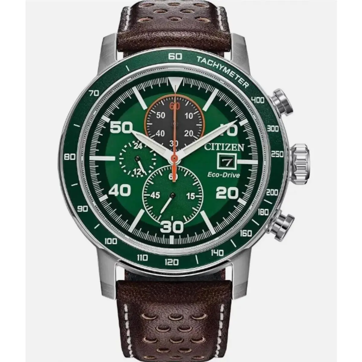 Citizen Eco-drive Men`s Chronograph Watch Tachymeter and Brown Leather Strap