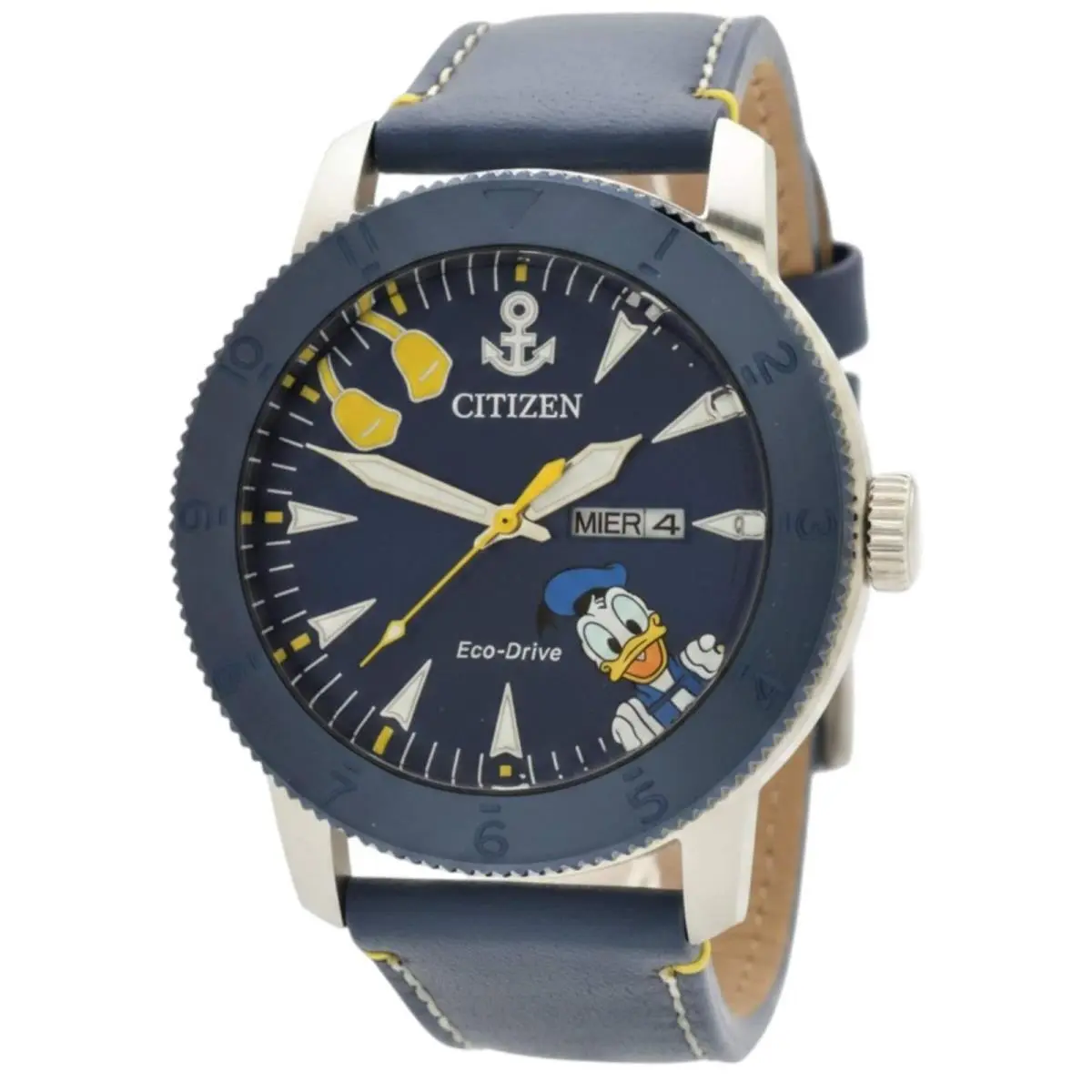Men`s Watch Disney Donald Duck Eco-drive Blue Leather Strap AW0075-06W by Citizen