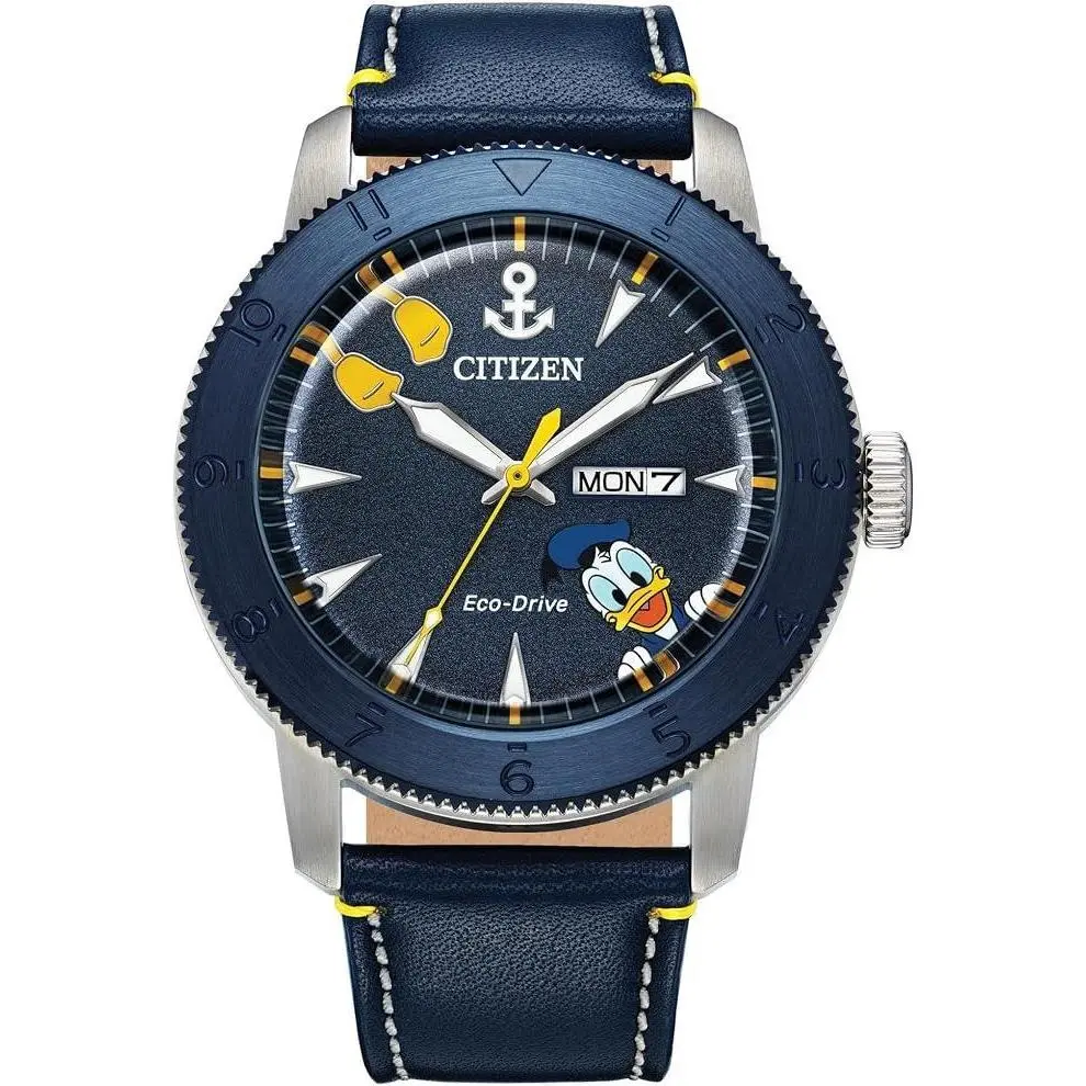 Eco-drive Disney Donald Duck Blue IP Leather Mens Watch AW0075-06W by Citizen