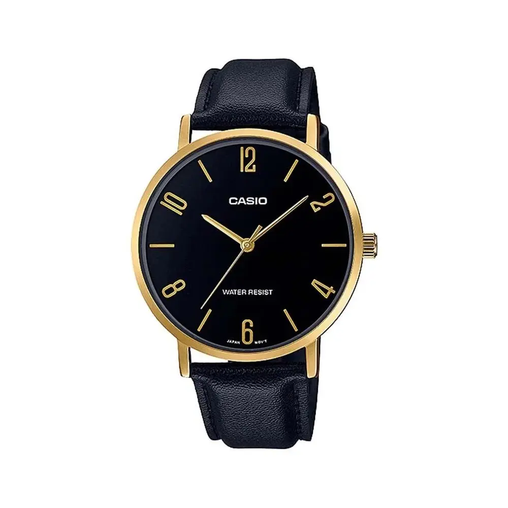 Casio MTP-VT01GL-1B2 Men`s Minimalistic Gold Tone Leather Band Black Dial Watch
