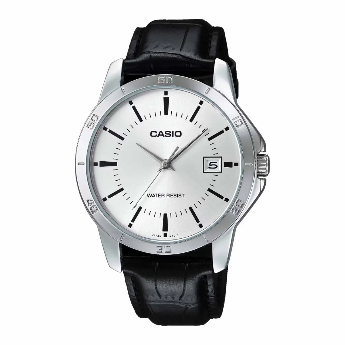 Casio MTP-V004L-7A Men`s Black Leather Band Silver Dial Analog Date Watch