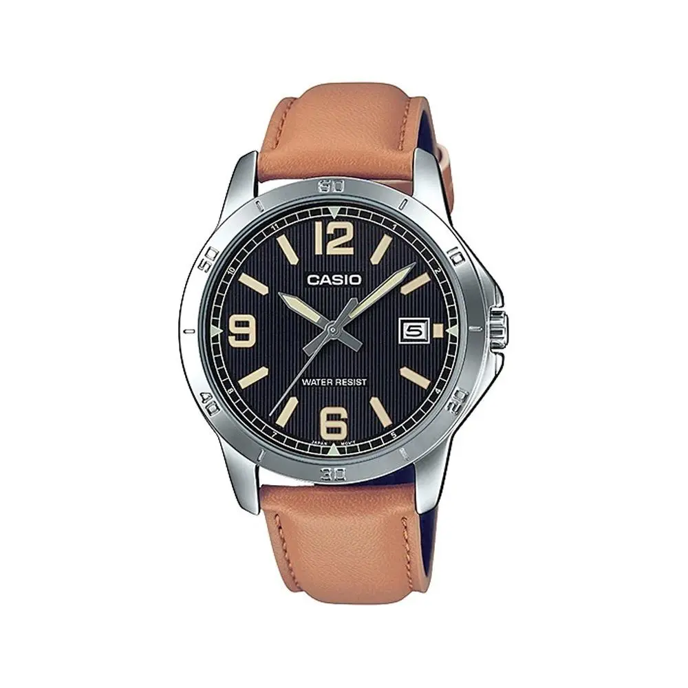 Casio MTP-V004L-1B2 Men`s Brown Leather Band Black Dial Analog Date Watch