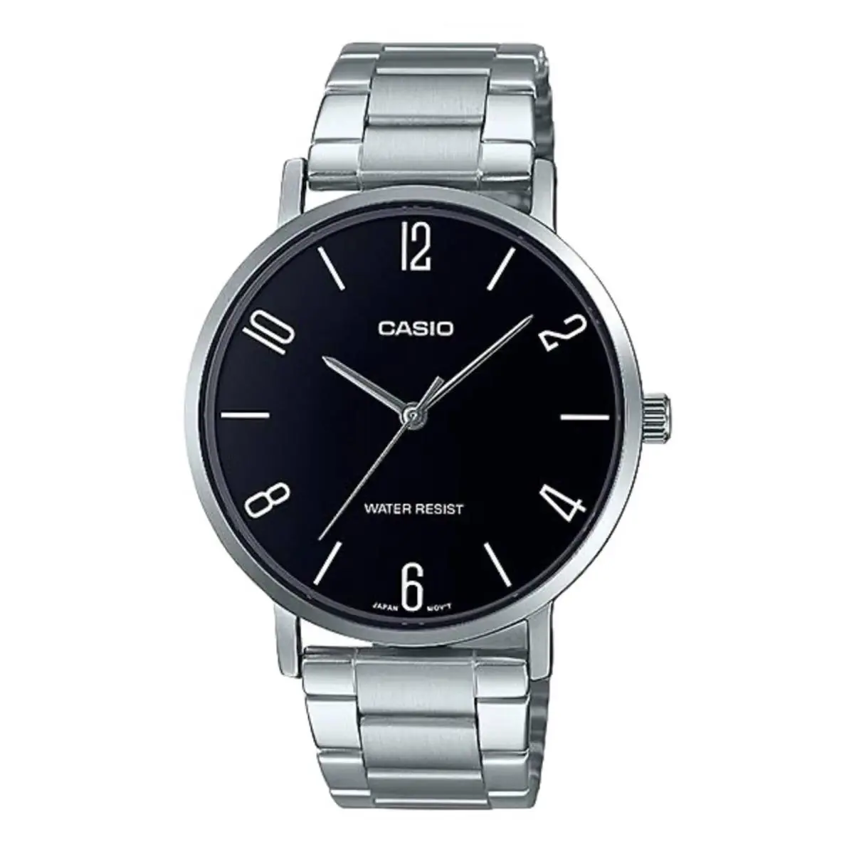 Casio MTP-VT01D-1B2 Men`s Stainless Steel Minimalistic Black Dial 3-Hand Watch - Dial: Black, Band: Silver, Bezel: Silver