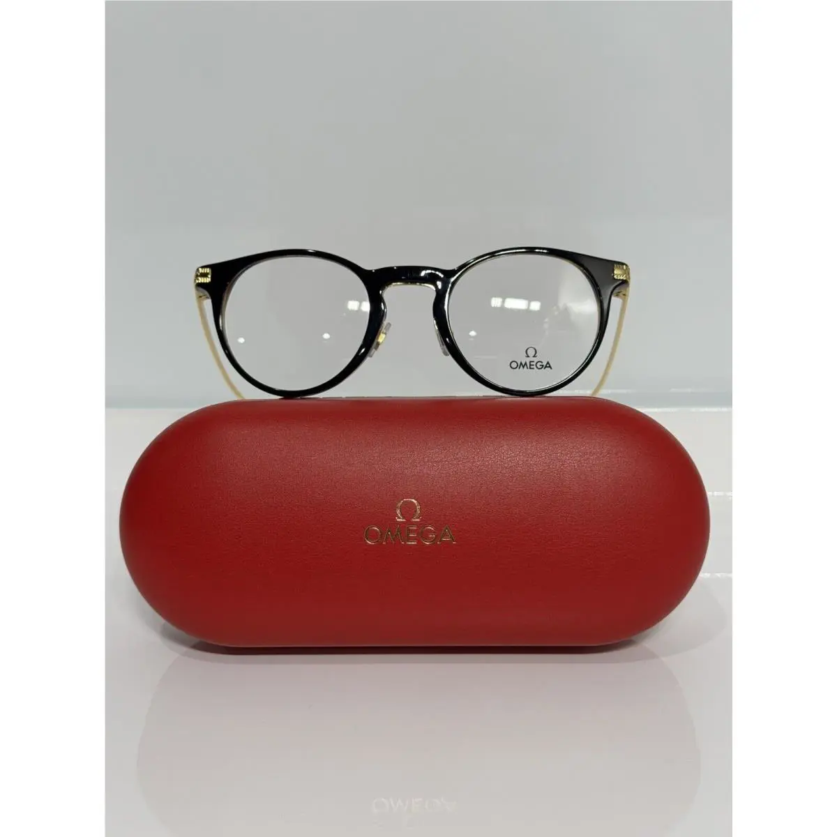 Omega OM 5038 005 Black Round Acetate Shiny Gold Temple Eyeglasses 46mm