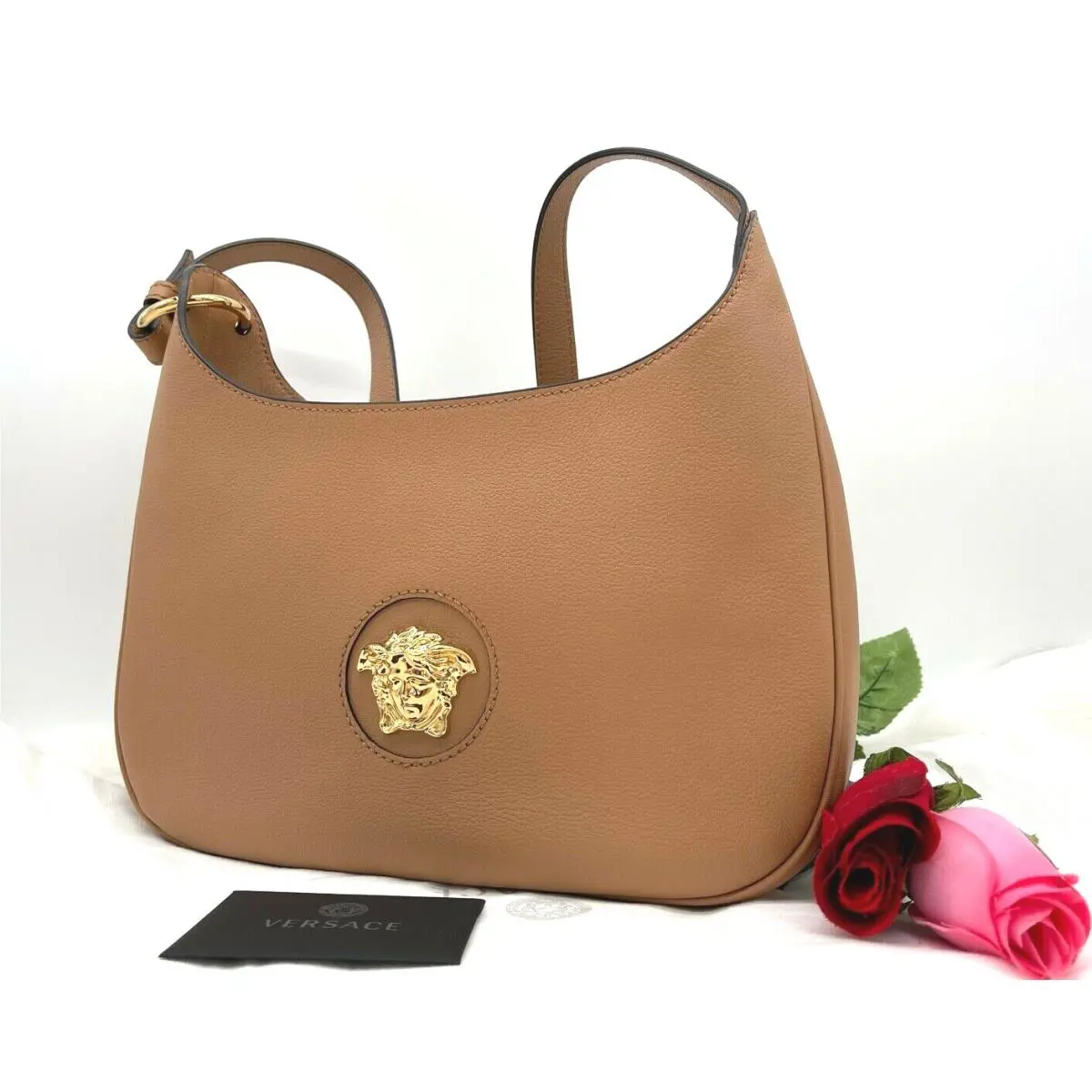 Versace Women`s La Medusa Medium Caramel Leather Hobo Bag