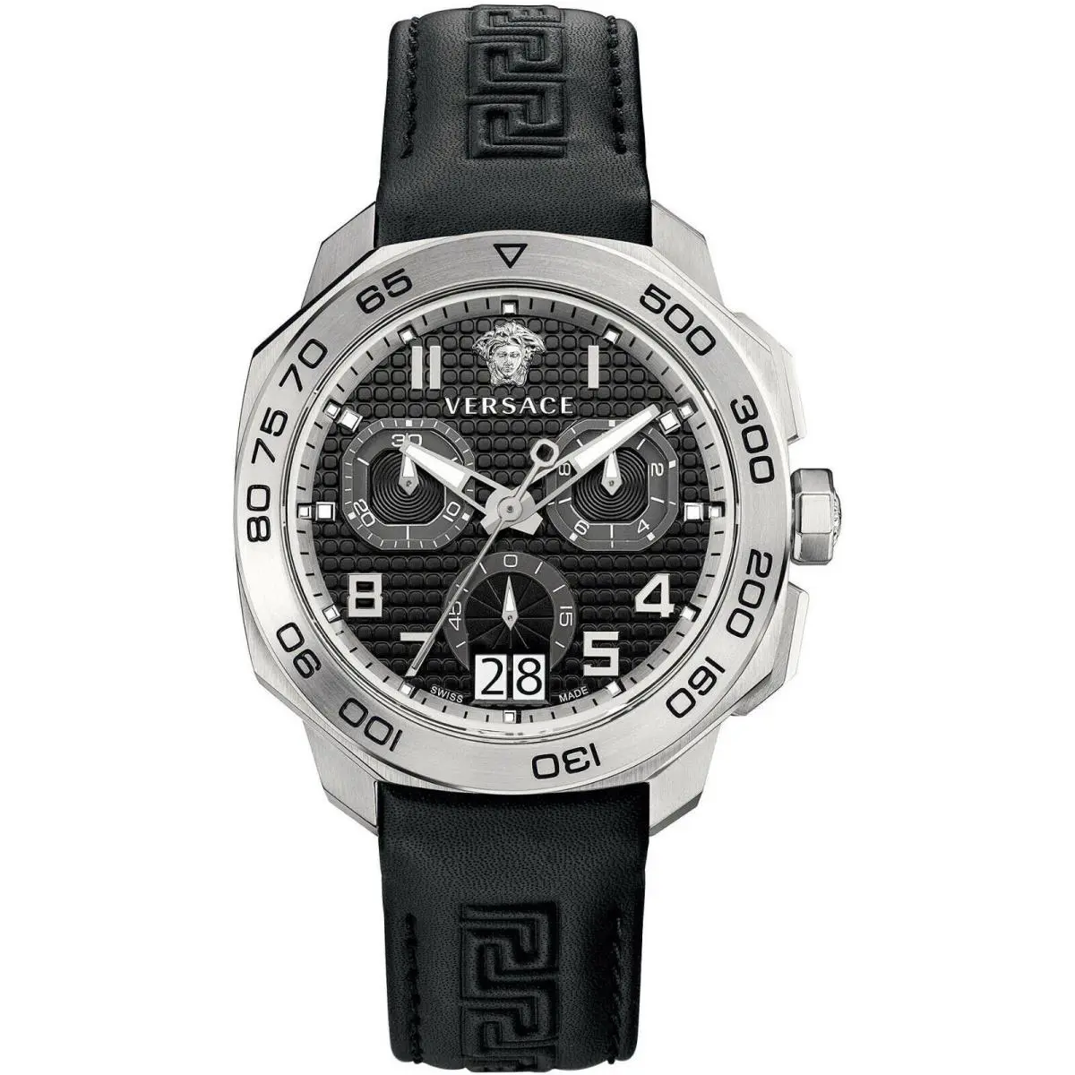 Versace VQC010015 Dylos Chronograph Date Black Leather Band Men`s Watch 895