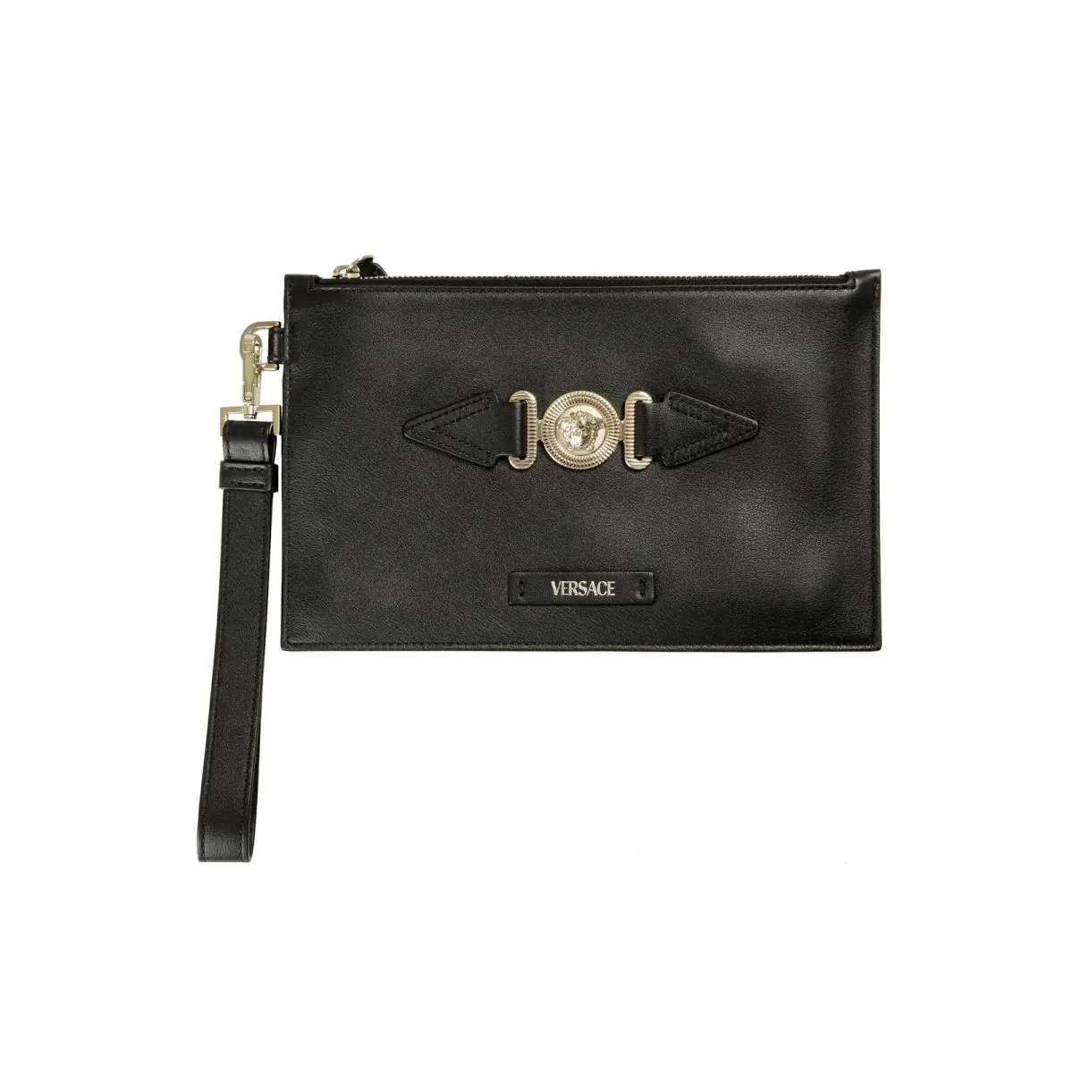 Versace Black Silver Medusa Leather Wristlet Handbag Clutch Bag
