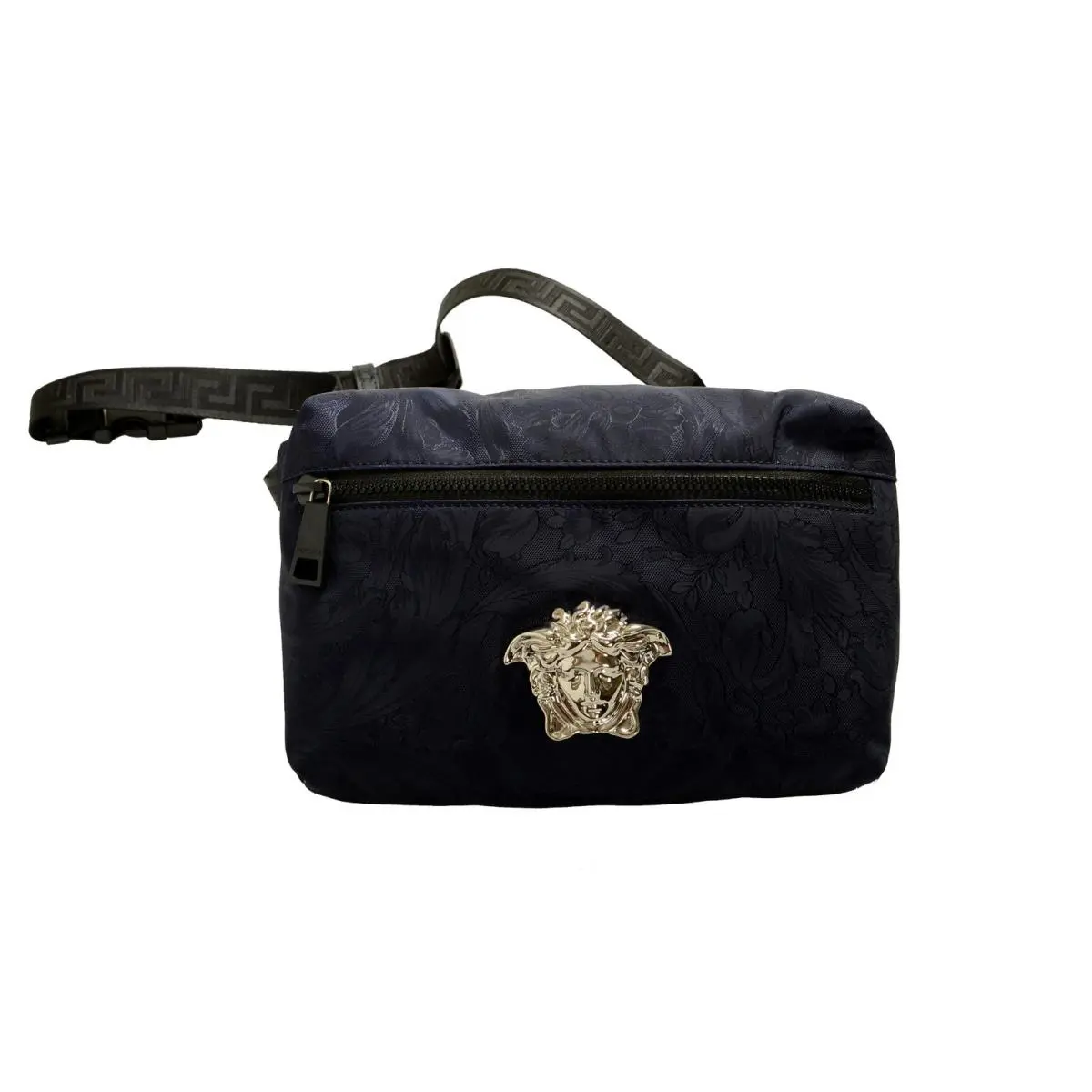 Versace Navy Heritage Print Silver Medusa Fabric Leather Belt Fanny Pack Bag