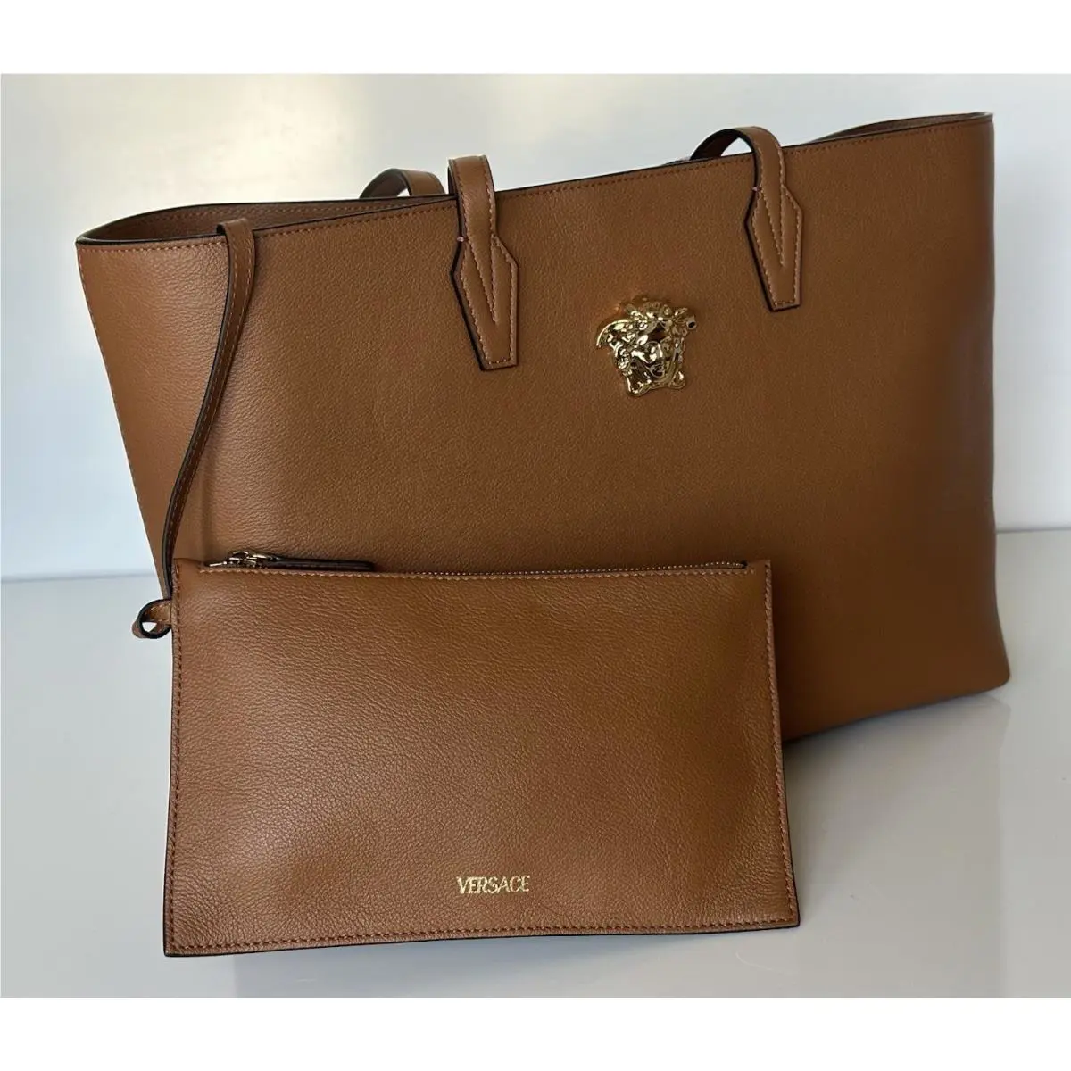Versace Gold Medusa Calf Leather Brown Tote Bag 1015533
