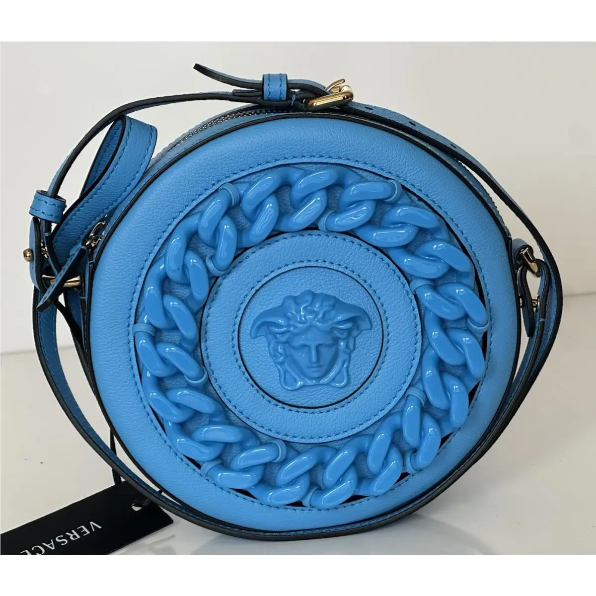 Versace Medusa Head Calf Leather Round Blue Crossbody Bag 1021602 IT