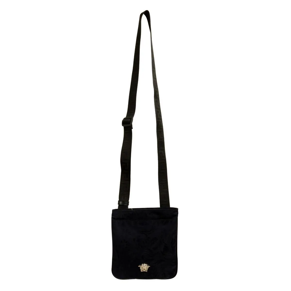 Versace Navy Heritage Print Silver Medusa Flat Fabric Leather Crossbody Bag