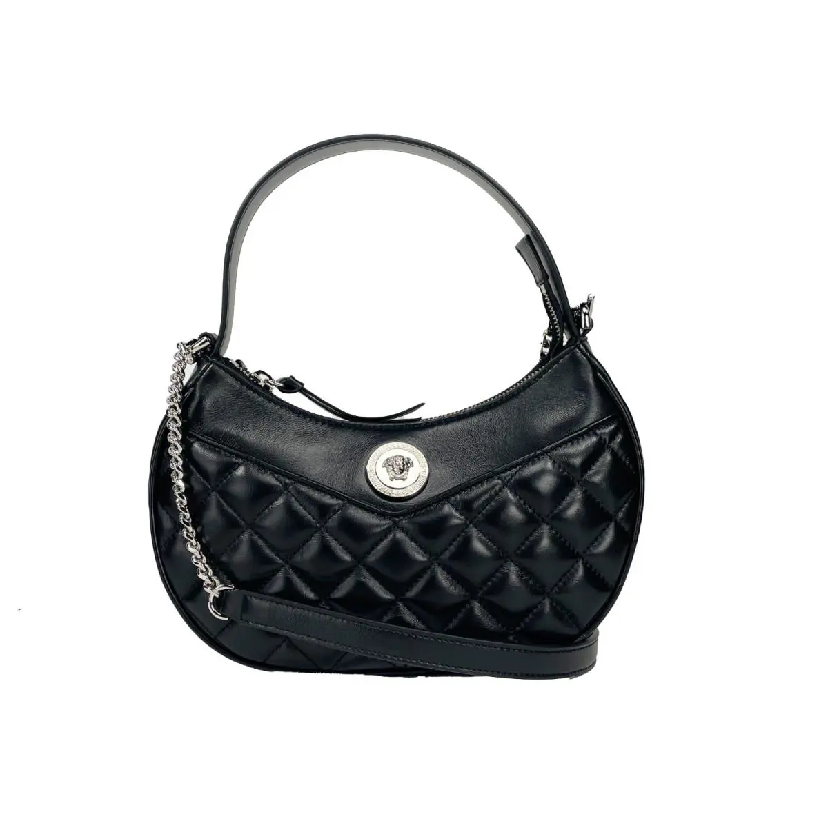 Versace Quilted Black Leather Half Moon Chain Crossbody Bag